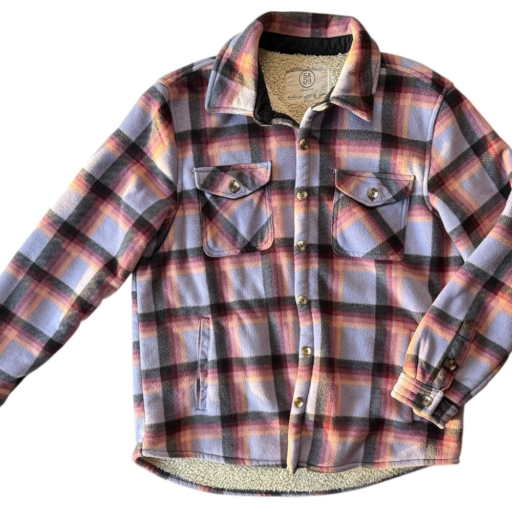 Sage Collective Purple Plaid Shacket Button Down Shirt Jacket Soft Cozy Sherpa M